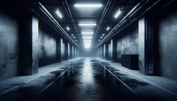 A digital illustration of a dark, atmospheric underground parking lot or bunker. The scene is illuminated by a row of bright fluorescent lights that cast a cold glow on the concrete floor, creating a stark contrast with the surrounding shadows. The walls are textured with patches of dampness and age, adding to the desolate, gritty ambiance. The perspective leads the eye towards the back of the space, where the light fades into the darkness, suggesting an air of mystery and suspense.