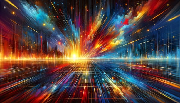 A wide digital abstract illustration depicting a vibrant explosion of colors across a grid-like structure. The artwork is reminiscent of a cityscape at night with various shades of blue, orange, yellow, and red, suggesting the lights and energy of an urban skyline. The grid adds a sense of order to the chaotic color splashes, and the bright center where the colors converge creates a focal point that resembles a distant sunset or sunrise on the horizon, with streaks of light radiating outward.