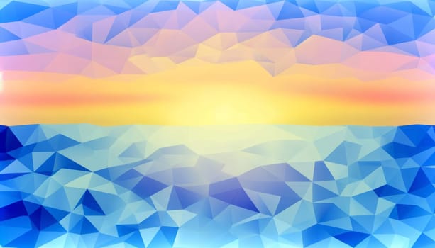 A wide digital illustration of an abstract low poly background. The image consists of a multitude of geometric shapes forming a crystalline pattern. It features a gradient of pastel colors ranging from cool blues at the bottom to warm hues of yellow and orange at the top, mimicking a landscape or sky at sunrise. The low poly shapes have a subtle transparency that gives the image a layered, ethereal feel, with a soft light diffusing throughout the composition.