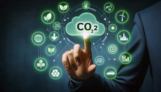 A digital illustration of a person's hand interacting with a green holographic touchscreen interface that displays environmental icons. The central icon is a cloud with 'CO2' and a down arrow, symbolizing carbon reduction. Surrounding this central icon are additional green icons indicating renewable energy and environmental concepts: a globe with a leaf, solar panels, a wind turbine, a factory with greenery, an electric car, and a recycling symbol. The person is wearing a dark blue suit, and the background is a dark, muted blue, focusing attention on the brightly lit, green icons floating above the hand.