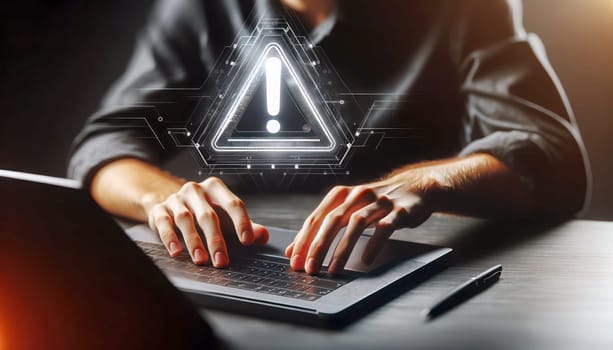 A digital illustration of a person's hands typing on a laptop keyboard. The person is wearing a dark, collared shirt. The laptop is modern and sleek with a black color scheme. A graphical overlay of a white exclamation mark inside a triangle is floating above the laptop, suggesting an alert or warning sign. The image is taken from a side perspective, focusing on the hands and the laptop in a dark room with a soft focus background.
