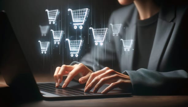 A digital illustration of a person's hands typing on a laptop keyboard. Floating above the keyboard are several translucent icons of shopping carts, symbolizing online shopping or e-commerce activity. The icons give the impression of being part of an interface or digital transaction. The background is dark, with a soft focus on the hands and keyboard to emphasize the floating shopping cart icons. The person's face is not in the frame, directing focus to the online shopping concept.