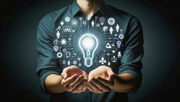 A digital illustration of a person in a dark teal shirt, holding out their hands with a glowing, stylized lightbulb graphic between them. The lightbulb symbolizes ideas and innovation and is surrounded by white icons representing different aspects of creativity and technology, such as gears, rockets, human figures, a brain, and a factory. The background is dark, emphasizing the glow of the lightbulb and icons. The person's face is not visible, focusing the attention on the graphic and their hands.