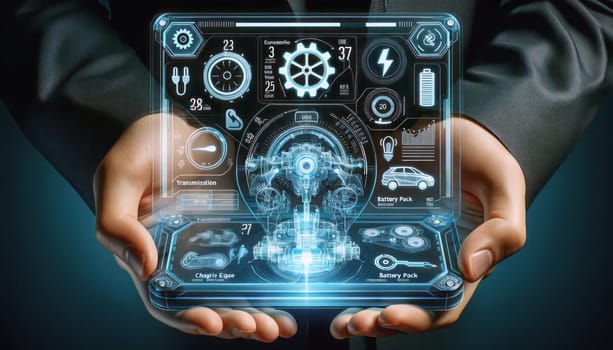 A digital illustration displaying a transparent futuristic device being held by a person's hands. The device presents a holographic interface with various diagrams and statistics related to electric vehicles. The graphics include a battery level indicator, transmission, electric engine, and battery packs with annotations and measurements. Icons such as a charging plug, gear, and battery are shown in light blue and white colors. The interface elements have a neon blue glow against the dark translucent background of the device, which blends with the dark blue backdrop with vehicle-related schematics. The hands are in focus at the bottom, holding the device, while the person's body in the background is out of focus and less discernible.