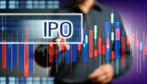 A digital composite image featuring a person in a dark blue shirt interacting with a virtual interface. The interface displays the letters 'IPO' in a white, translucent box, with a backdrop of stock market candlestick charts in varying shades of red and blue, signifying market trends and initial public offerings. The overall setting suggests a focus on financial analysis and investment, with a blurred background to emphasize the graphical data and interaction.