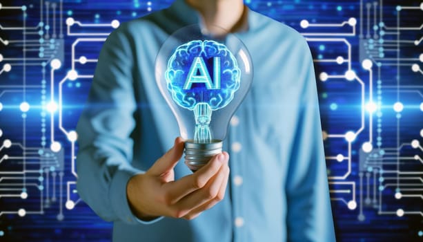 A digital composite image showing a person in a blue shirt holding a clear light bulb. Within the bulb, the letters 'AI' are illuminated, and around it, there are glowing blue circuit board patterns and brain-like structures representing artificial intelligence. The backdrop features abstract digital graphics suggesting data processing and neural networks. The overall aesthetic conveys a theme of innovation, technology, and the concept of AI as a bright idea.