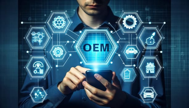 A digital composite image of a person in a blue shirt using a smartphone with a graphical overlay of hexagonal icons connected by lines. The central hexagon is labeled 'OEM' in blue, surrounded by other icons representing a factory, gear, house, car, and clipboard, symbolizing different aspects of the OEM business. The background is dark, and the image has a futuristic, technological aesthetic.