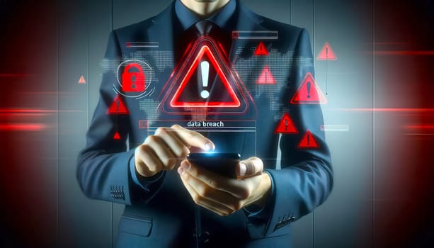 A digital illustration of a person in a dark blue suit using a smartphone, with a virtual alert icon floating above the hand. The icon is a bright red triangle with an exclamation point, labeled 'DATA BREACH'. There are smaller, similar alert icons floating around it, suggesting multiple warnings. The virtual icons are semi-transparent with a glow effect, suggesting an augmented reality environment. The person's posture is focused and serious, indicative of the critical nature of the alerts. The background is a muted gray, which emphasizes the red of the alert icons. The color palette is dark and professional, with the red providing a sharp contrast to draw attention to the urgency of the situation.