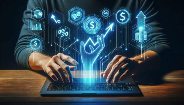 An innovative depiction of financial trend analysis with a user engaging in a dynamic virtual interface, showcasing futuristic technology for market insights