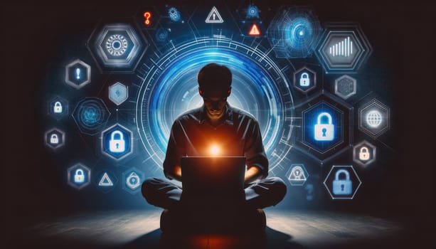 A digital composition of cyber security concept. There is a person sitting in the dark, visible only as a silhouette from the chest up, looking at a laptop screen with floating digital holograms. The holograms depict various cybersecurity symbols like warning signs, padlocks, and graphs with up and down trends in blue and orange color. The background is completely dark and the only light source is the glowing hologram. The person wears a casual shirt and their hands are on the laptop.