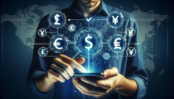 A digital composite image showing a person in a blue shirt using a smartphone. The person's hands are focused on the device, which is displaying several holographic currency symbols including the dollar, yen, pound sterling, euro, and won. Each symbol is encircled and accompanied by digital elements suggesting financial transactions or currency exchange. A large tick mark is centrally located, implying a successful operation. The background has a world map in dot-matrix style, emphasizing the global aspect of the transaction. The overall color scheme includes blue, white, and hints of orange, with a dark background to highlight the holographic images.