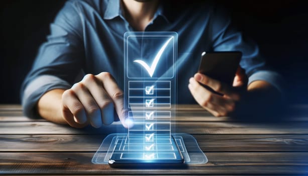 A digital image illustrating a task completion concept. A person in a blue shirt is seated behind a wooden table, interacting with a virtual checklist that appears to float in the air in front of them. The person's fingertip touches a transparent digital interface, with tick marks appearing in boxes next to items on the list, suggesting the completion of tasks. The person holds a smartphone in the other hand, possibly controlling the virtual interface. The focus is on the hand touching the checklist, the glowing tick marks, and the top edge of the phone, with a blurred background to emphasize the interaction with the digital elements.