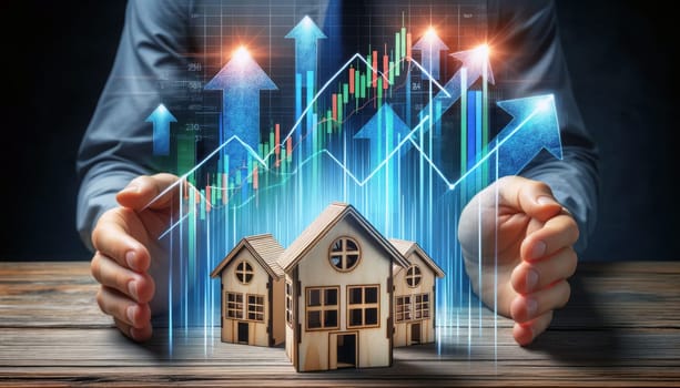 A digital image illustrating the concept of housing market trends. In the foreground, three small wooden house models are arranged on a wooden surface, representing homes or real estate. Above the houses, digitally enhanced upward-pointing arrows and candlestick chart elements are superimposed, signaling rising market trends and investment growth in the property sector. The background shows the hands of a person with a blue shirt, framing the houses and trends, suggesting analysis or ownership. The background is intentionally out of focus to emphasize the houses and the virtual market trend graphics. The colors are a mix of blue for the arrows, and red and green for the candlestick elements, creating a visual representation of market dynamics.