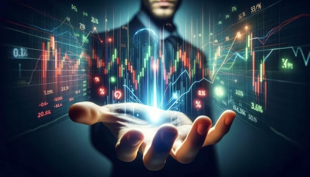 A digital image showcasing a futuristic stock market analysis concept. A hand, foregrounded and in focus, is extended towards the camera with an open palm facing up as if holding something. Projected onto and above the palm are luminous stock market candlestick graphs and percentages in red and green, symbolizing losses and gains. The background is intentionally out of focus, featuring the dark silhouette of a businessman in a suit. This composition emphasizes the glowing colorful financial data in the forefront, creating a sense of depth and focus on the hand interacting with the virtual financial elements.