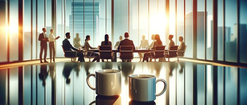 A digital illustration of a modern office meeting scene viewed from the surface of a table with two coffee mugs in sharp focus in the foreground. The background is a softly blurred group of professionals engaged in conversation, with sunlight streaming through large windows casting a warm glow on the scene. The atmosphere is one of a productive morning, with the coffee mugs symbolizing a break or the start of a busy workday. The overall tone is calm and professional, with a hint of the bustling city visible through the window.