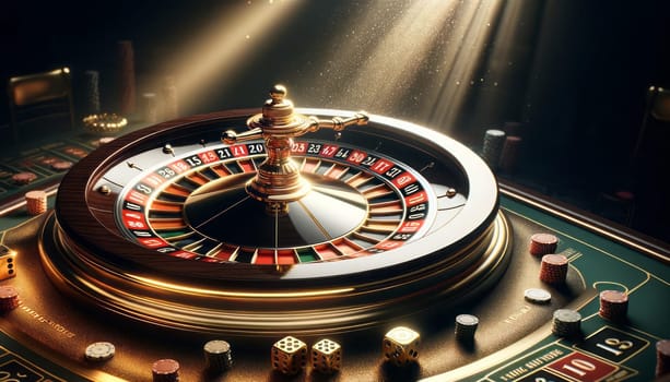 A digital illustration of a luxurious roulette wheel in a casino setting. The wheel is highly detailed, with shiny gold and black finishes, and the numbers are clearly visible. There's a dramatic light casting over the spinning wheel, creating a spotlight effect and highlighting the motion. The ambient is filled with the glint of small particles that resemble the sparkling atmosphere of a high-end casino. In the foreground, two dice and casino chips are subtly visible, suggesting an ongoing game. The background is dark, focusing all attention on the roulette wheel itself.