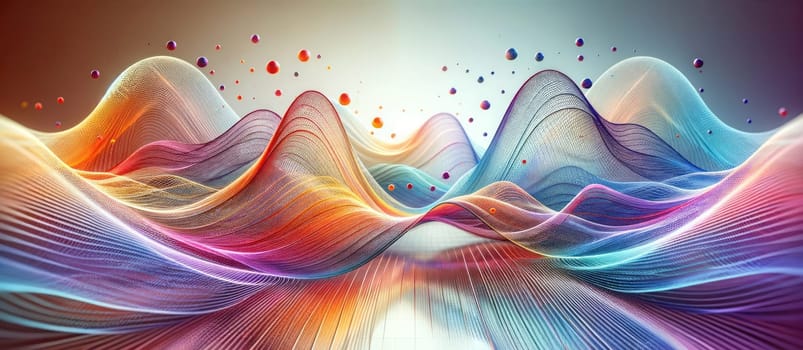 A wide digital abstract illustration depicting vibrant, undulating mesh waves on a reflective surface. The waves have a translucent quality with a spectrum of colors ranging from warm reds and oranges to cool blues and purples. The mesh texture creates an interplay of light and shadow, adding depth to the waves. Above the waves, there are floating orbs with various colors that match the waves below. The background is white, which makes the colors of the mesh waves and orbs stand out, giving a sense of a light, airy atmosphere. The overall effect is one of rhythmic motion and colorful harmony.