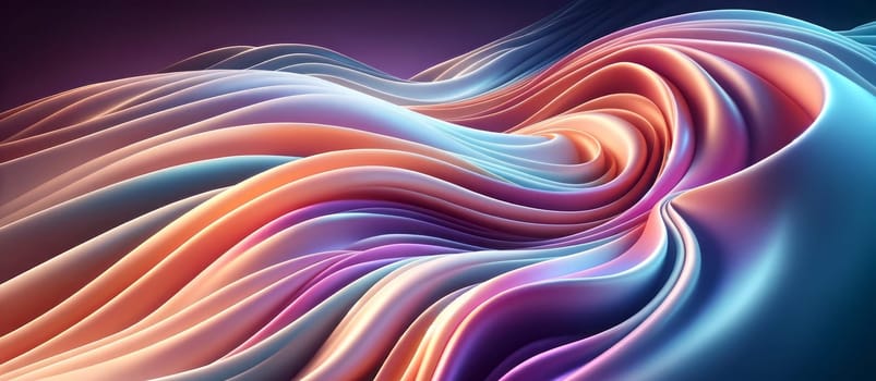 A wide digital illustration of a flowing satin fabric with a smooth, silky texture. The fabric undulates in a wavelike pattern and displays a gradient of colors, transitioning from a warm pink to a cool violet, with hints of peach, lavender, and baby blue. The image captures the play of light on the material, with soft highlights and shadows that enhance the sense of movement and the luxurious feel of the satin. The fluidity of the fabric gives the impression of a gentle breeze passing through, creating an elegant and dynamic abstract visual.