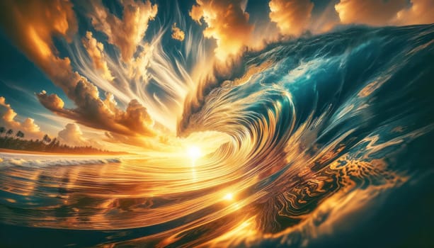 A wide-angle photography capturing a majestic ocean wave during sunset. The image is vibrant, with the wave centrally featured, demonstrating the power and beauty of the sea. The crest of the wave is highly detailed, allowing viewers to see the intricate patterns of the water swirling and crashing. The sunset in the background casts a warm golden glow over the scene, with the sun dipping at the horizon, partly obscured by the wave. The sky is a spectacle of orange, yellow, and hints of pink, with clouds scattered artistically across it, reflecting the sun's rays. The sea's surface mirrors the colors of the sky, creating a harmonious interplay between water and light.