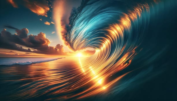 A wide-angle photography capturing a magnificent ocean wave at sunset. The wave is curving and forming a tube, with the sunlight streaming through its crest, creating a luminous effect. The colors are vivid, with the deep blue of the sea contrasting with the fiery oranges and yellows of the sunset sky. The sun is low on the horizon, partially obscured by the wave, and its reflection on the water's surface adds a golden path leading to the horizon. Clouds are visible in the sky, dyed in shades of orange by the setting sun, contributing to the dramatic and beautiful seascape.