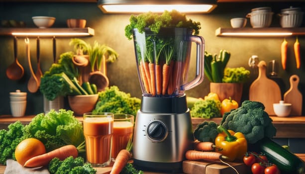 Vibrant kitchen scene featuring a blender full of fresh carrots, surrounded by a variety of lush green vegetables and a glass of carrot juice, highlighting a wholesome lifestyle