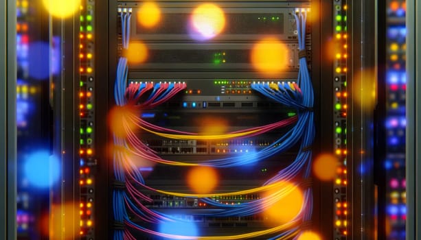 A wide digital illustration of a server room in a data center with a vibrant and colorful display of lights. The racks are filled with various equipment including servers, switches, and cables. The cables are neatly organized and illuminated with neon-like LED lights in colors such as orange, yellow, and blue, creating a high-tech and futuristic atmosphere. The lighting creates a vivid contrast against the dark background of the equipment, highlighting the complexity and modernity of the technology. There's a soft glow and bokeh effect on the lights, suggesting activity and connectivity within the network infrastructure.