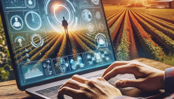 A digital illustration of a modern agriculture concept with a person using a laptop displaying futuristic farming technology. The laptop screen shows graphical interfaces and data analytics related to crop health and farming operations overlaying an image of a lush farm field at sunset. The user's hands are visible on the keyboard, with one hand navigating the touchpad. The backdrop is an outdoor setting with a warm glow of the setting sun over the horizon, casting a soft light on the surroundings, blending technology with nature.