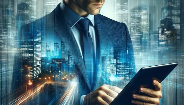 A digital illustration of a man in a business suit in an urban setting, absorbed in his tablet. The image reflects a concept of modern technology and connectivity, with the cityscape merging into his form, creating a visual metaphor for the fusion of life and digital technology. The man is centered in the composition, sharply dressed, and focused on the screen of his device. The city around him is rendered with a digital glitch effect, symbolizing the fast-paced, networked world. The color palette is cool and tech-inspired, with blues and cyans dominating, punctuated by the warmer tones of the city lights.