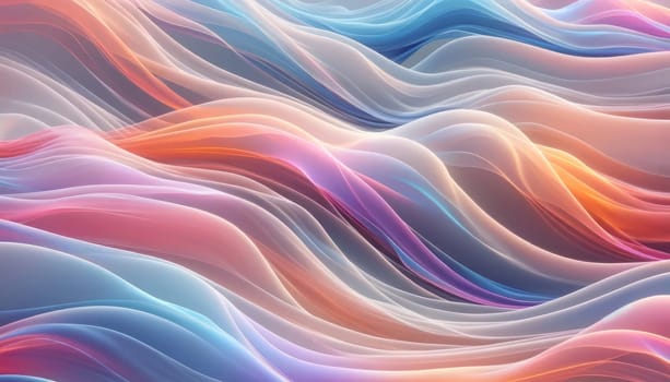 A wide digital illustration of a flowing fabric in a surreal, abstract style. The fabric appears soft and smooth, with waves and folds creating a sense of movement. It transitions through a spectrum of pastel colors, including pinks, purples, blues, and soft oranges, giving the impression of a gentle, iridescent light play. The colors blend seamlessly into one another, resembling a fluid, dreamlike scene. The focus is on the elegance of the curves and the ethereal quality of the translucent material, emphasizing the delicate and artistic nature of the composition.