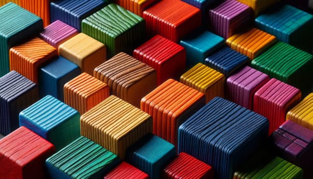 A close-up photography of colorful wooden blocks arranged in a pattern. The blocks feature a vibrant spectrum of colors including red, blue, green, yellow, purple, and more. Each block appears to have a textured, painted surface with visible wood grain, giving them a tactile, handcrafted look. The arrangement shows some blocks standing vertically and others horizontally, creating a three-dimensional effect with shadows adding depth to the composition.