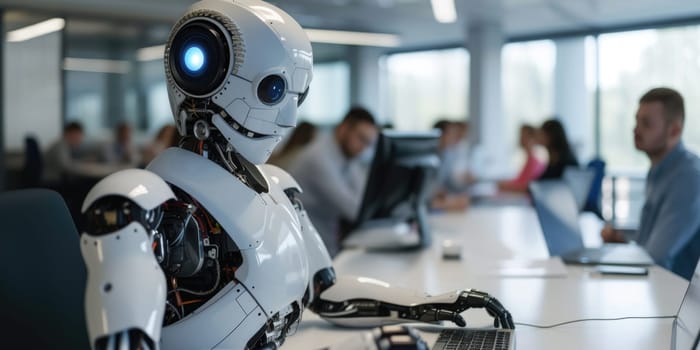 A humanoid robot with advanced features is seated at a desk, engaging in tasks alongside human colleagues in a modern office setting. AIG41