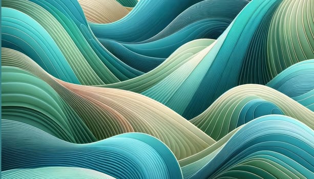 A wide digital illustration of abstract flowing shapes in a harmonious blend of aqua, teal, and green hues with subtle touches of yellow. The shapes have a fluid, organic feel, reminiscent of gentle waves or soft fabric folds. The smooth gradients create a serene, undulating rhythm across the image, with each curve softly transitioning into the next. The overall effect is calming and aesthetically pleasing, evoking the graceful movement of water or wind.