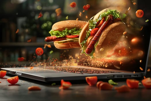 Hamburgers fly out of the laptop screen. Online food ordering.
