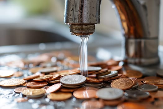Water flows from the tap, coins lie below. Concept of saving water use.