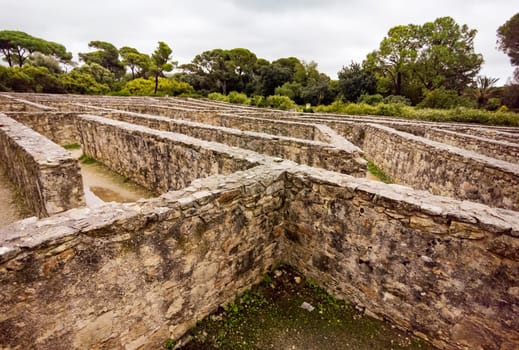 View of the stone maze of a park in the castle