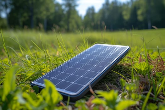 Renewable energy technology. Charging a mobile solar panel lying on the grass.