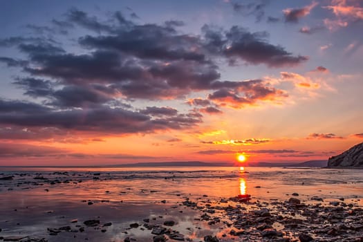 Exciting sunset view at the Black sea rocky coast,