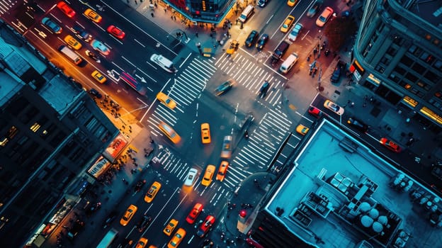 Overhead shot of a bustling city crosswalk with yellow taxis and pedestrians, capturing the vibrant urban life during rush hour. Resplendent.