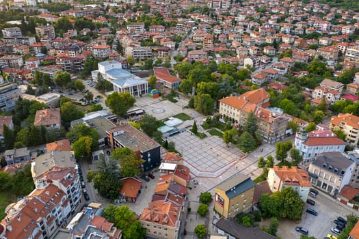 Karlovo, BULGARIA - August 26, 2022: Panoramic aerial view of the centrum of town Karlovo, Bulgaria