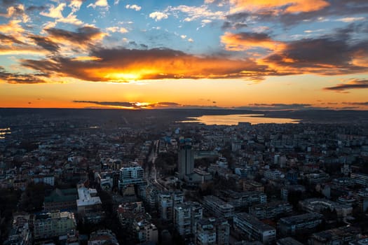 Stunning sunset over the lake and city. Varna, Bulgaria