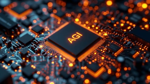AGI - artificial general intelligence - microchip on black circuit board with orange glow, dedicated AI hardware concept. Neural network generated image. Not based on any actual scene or pattern.