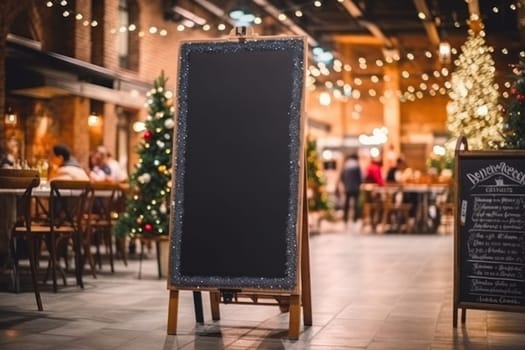 Empty blackboard sign mockup in front of a restaurant. Generative Ai.
