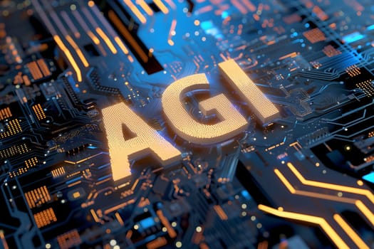 AGI - artificial general intelligence - microchip on black circuit board with orange glow, dedicated AI hardware concept