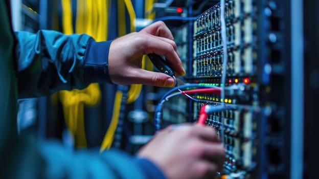 A man in electric blue engineering attire is performing gestures while working on a server in a data center. AIG41