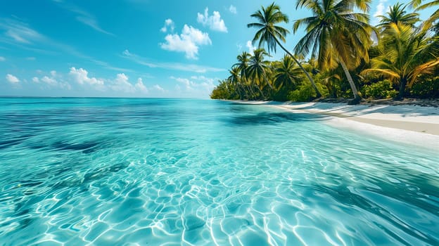 tropical beach view at sunny day with white sand, turquoise water and palm tree. Neural network generated image. Not based on any actual scene or pattern.