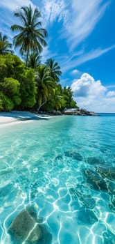 tropical beach view at sunny day with white sand, turquoise water and palm tree. Neural network generated image. Not based on any actual scene or pattern.