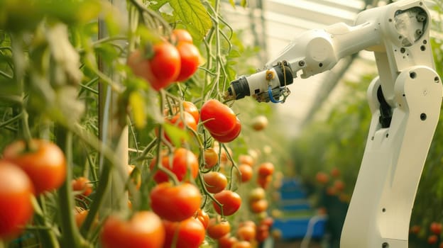 A robotic arm efficiently picks harvesting product, a type of vegetable, in a greenhouse to produce healthy and natural foods. AIG41