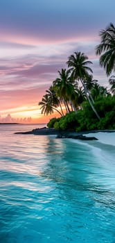 tropical beach view at sunset or sunrise with white sand, turquoise water and palm trees. Neural network generated image. Not based on any actual scene or pattern.