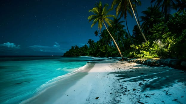 tropical beach view at starry night with white sand, turquoise water and palm tree. Neural network generated image. Not based on any actual scene or pattern.