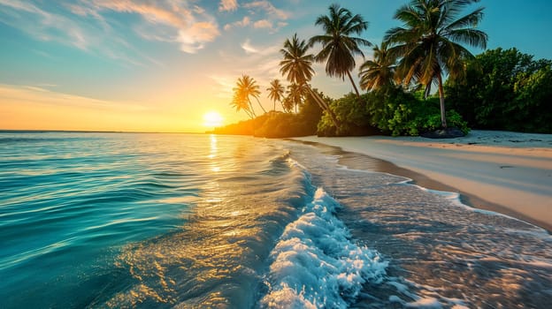 tropical beach view at sunset or sunrise with white sand, turquoise water and palm trees. Neural network generated image. Not based on any actual scene or pattern.